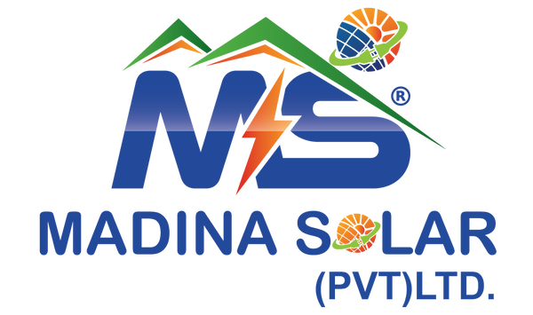 Madina Solar (PVT) LTD. logo on a white background, featuring stylized blue 'MS' letters with an orange lightning bolt, green mountain peaks, and a solar globe graphic.